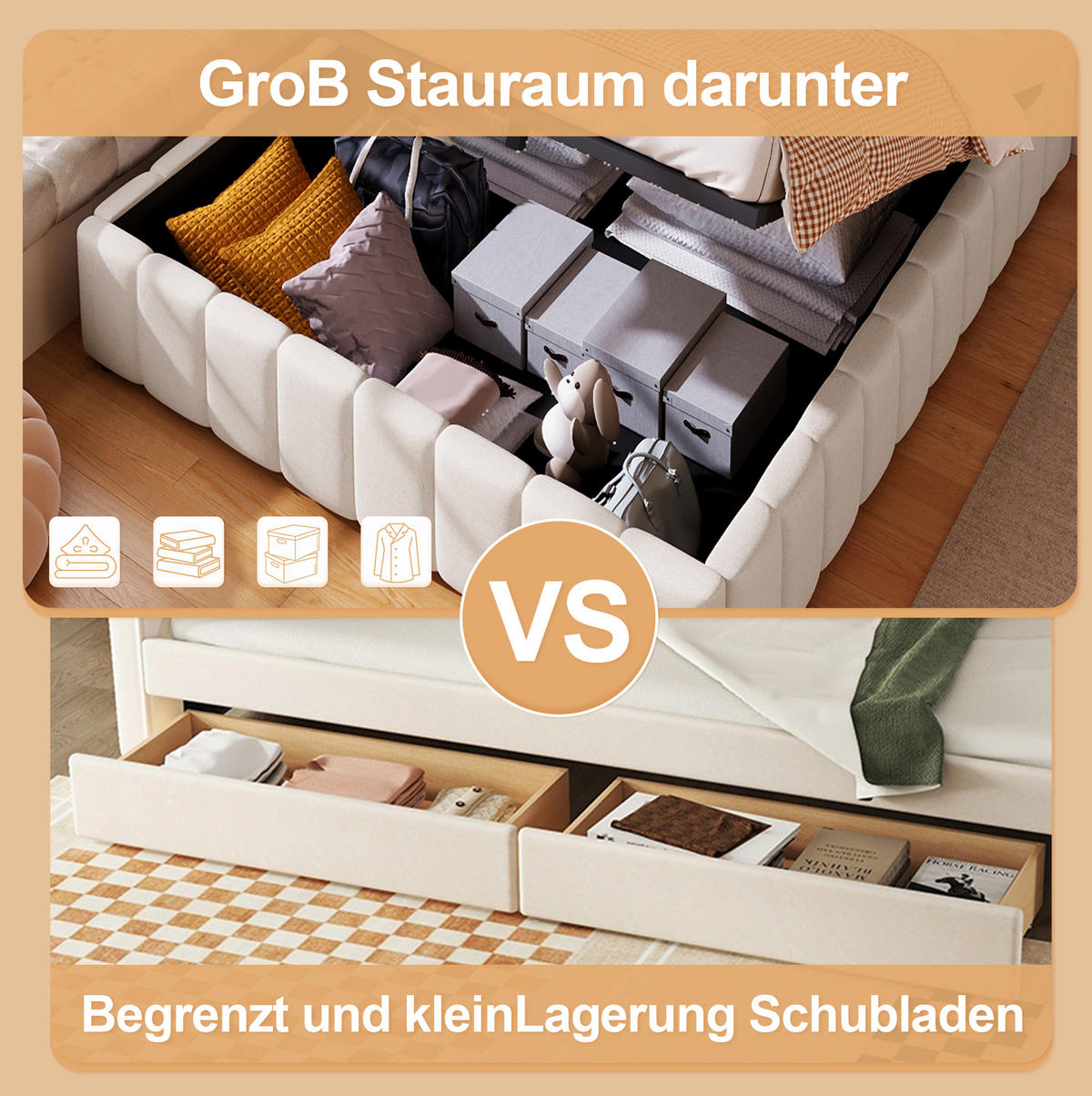 POLSTERBETT mit hydraulischem Stauraum 140x200 cm Leinen Beige - Beige, Metall (140/200cm) - Meubliv