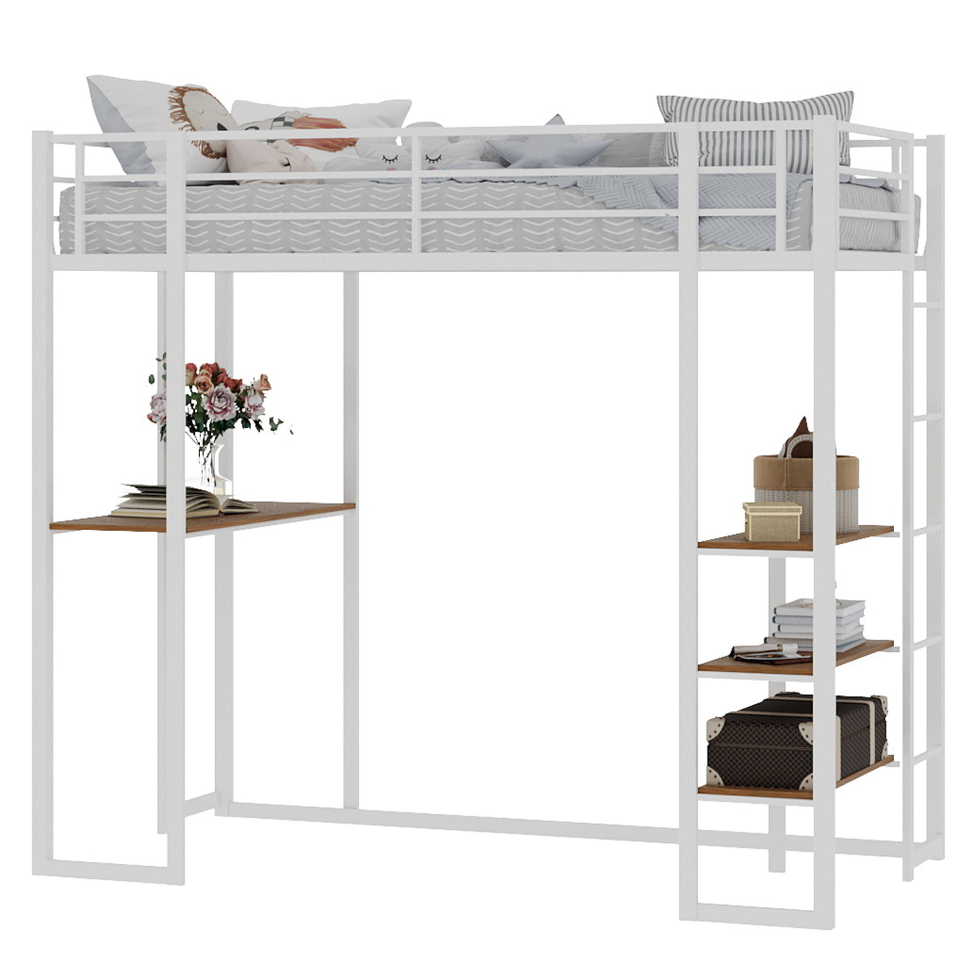 EISENBETT 90x190cm, Bett, Tisch, Geländer, Treppen, Stauraum, Kinder, Jugend - Weiß, Metall (100/200cm)
