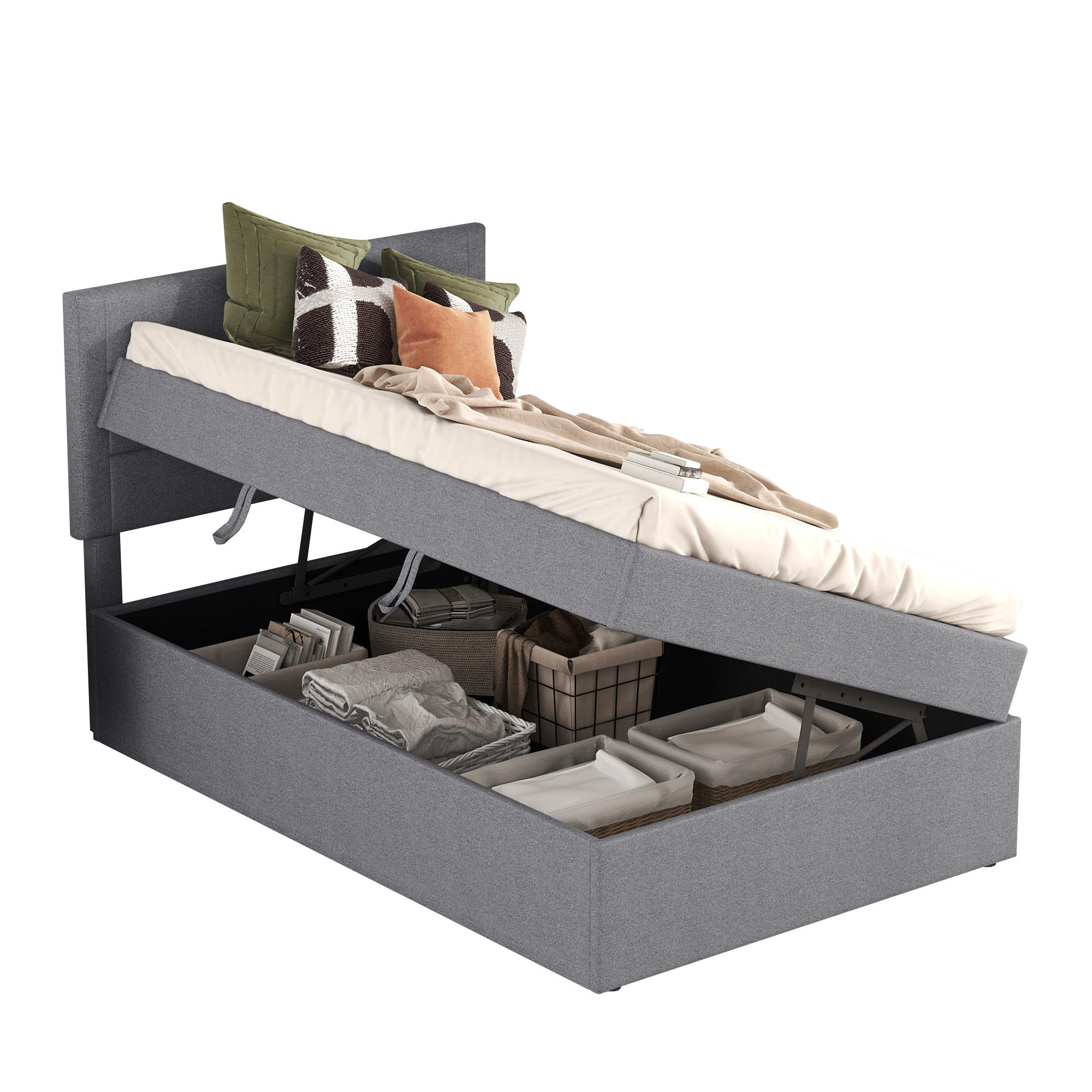 POLSTERBETT 90/200 cm Grau mit Stauraum und Lattenrost aus MDF - Grau, Holzwerkstoff (90/200cm) - OKWISH