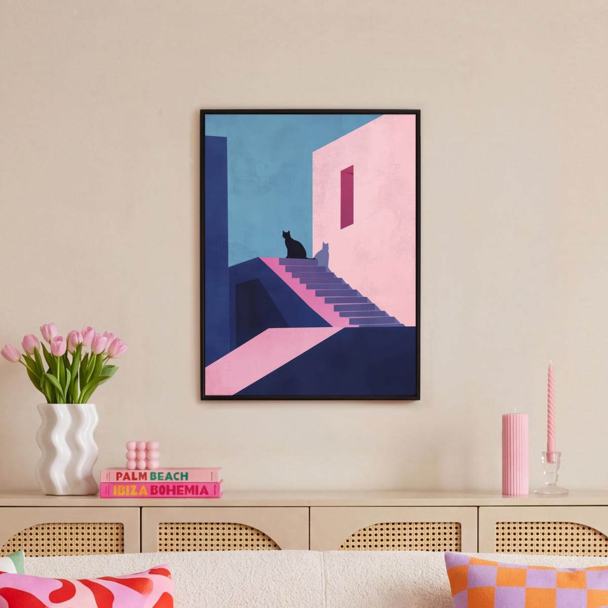 LEINWAND Bilder mit Rahmen - Katze - Treppe - Gebäude - Schattenkontraste - 50x70 - Dunkelblau, Textil (50/70cm) - MuchoWow