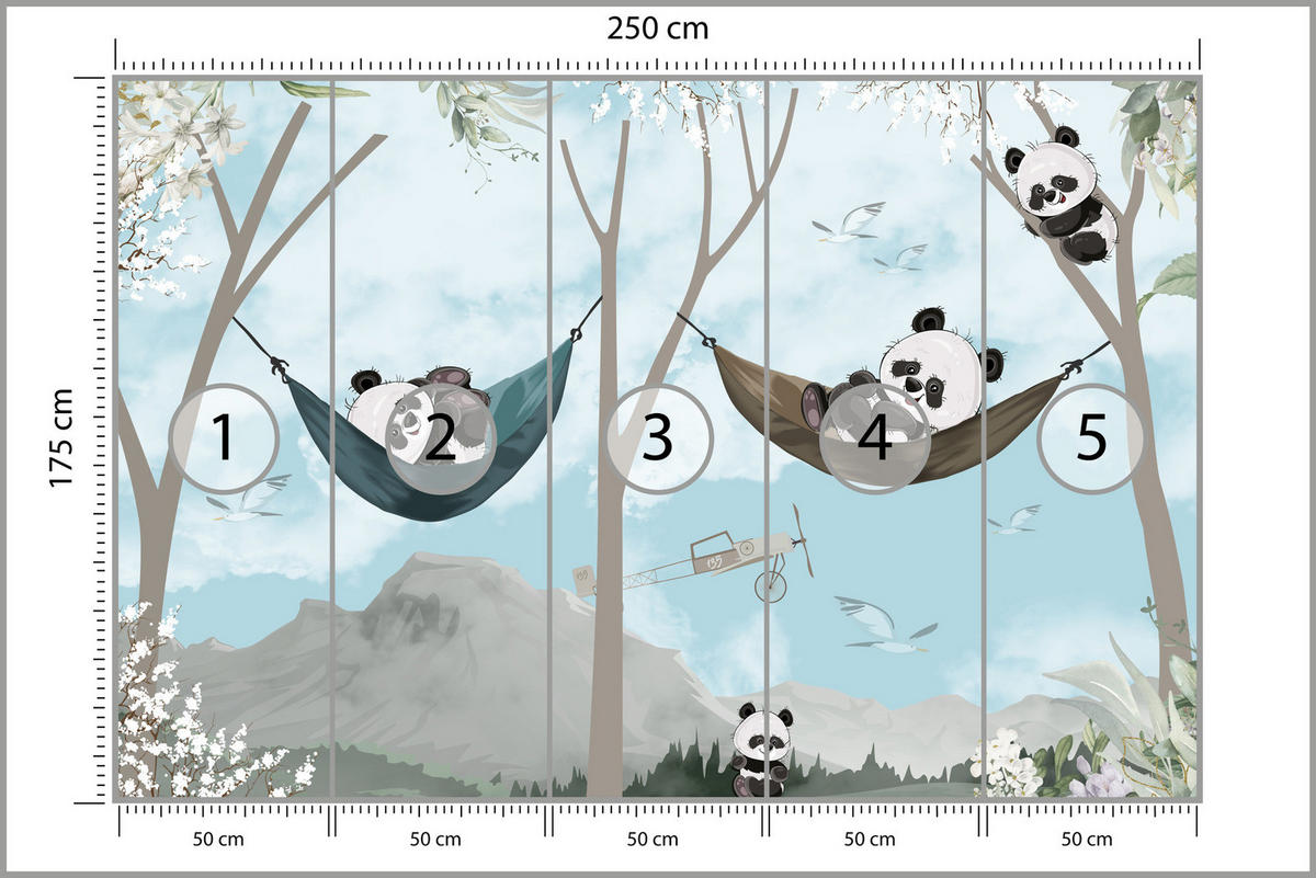 FOTOTAPETE für Kinderzimmer Pandas in Hängematten Märchenwald Blumen Berge 250x175 - Schwarz/Weiß, Papier (250/175cm) - Muralo