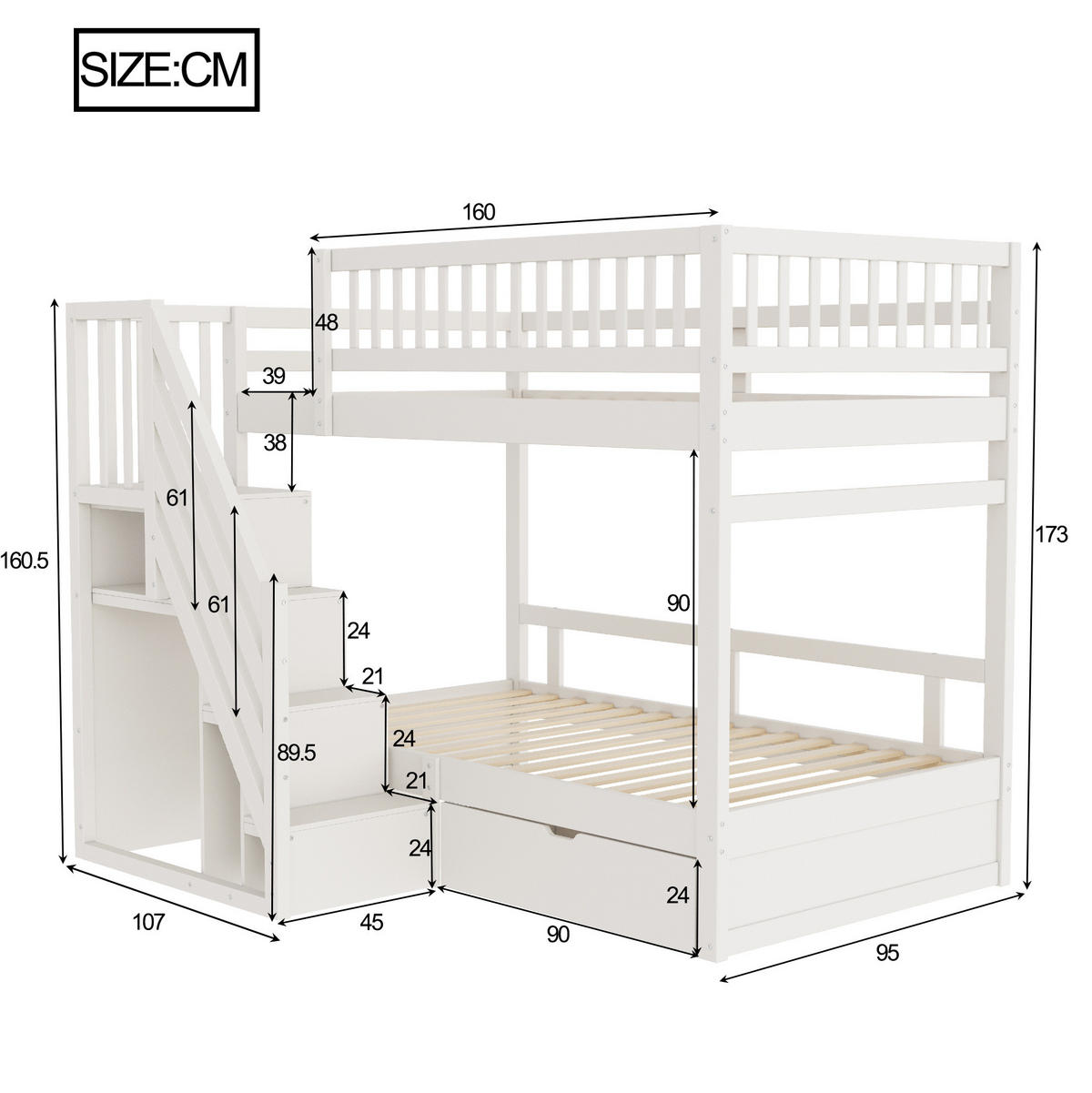 ETAGENBETT 90/200 cm Weiß aus Massivholz mit Stauraum und Lattenrost - Weiß, Holzwerkstoff (90/200cm) - Flora Grace
