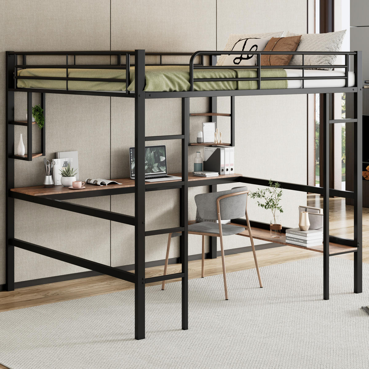 HOCHBETT 140/200 cm aus Metall und MDF mit Schreibtisch und Regalen Schwarz - Schwarz, Metall (140/200cm) - Modenvie