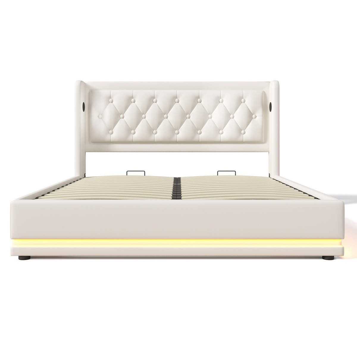 POLSTERBETT 160/200 cm Weiß PU mit hydraulischem Stauraum und USB-C-Anschlüssen - Weiß, Kunststoff (160/200cm) - OKWISH