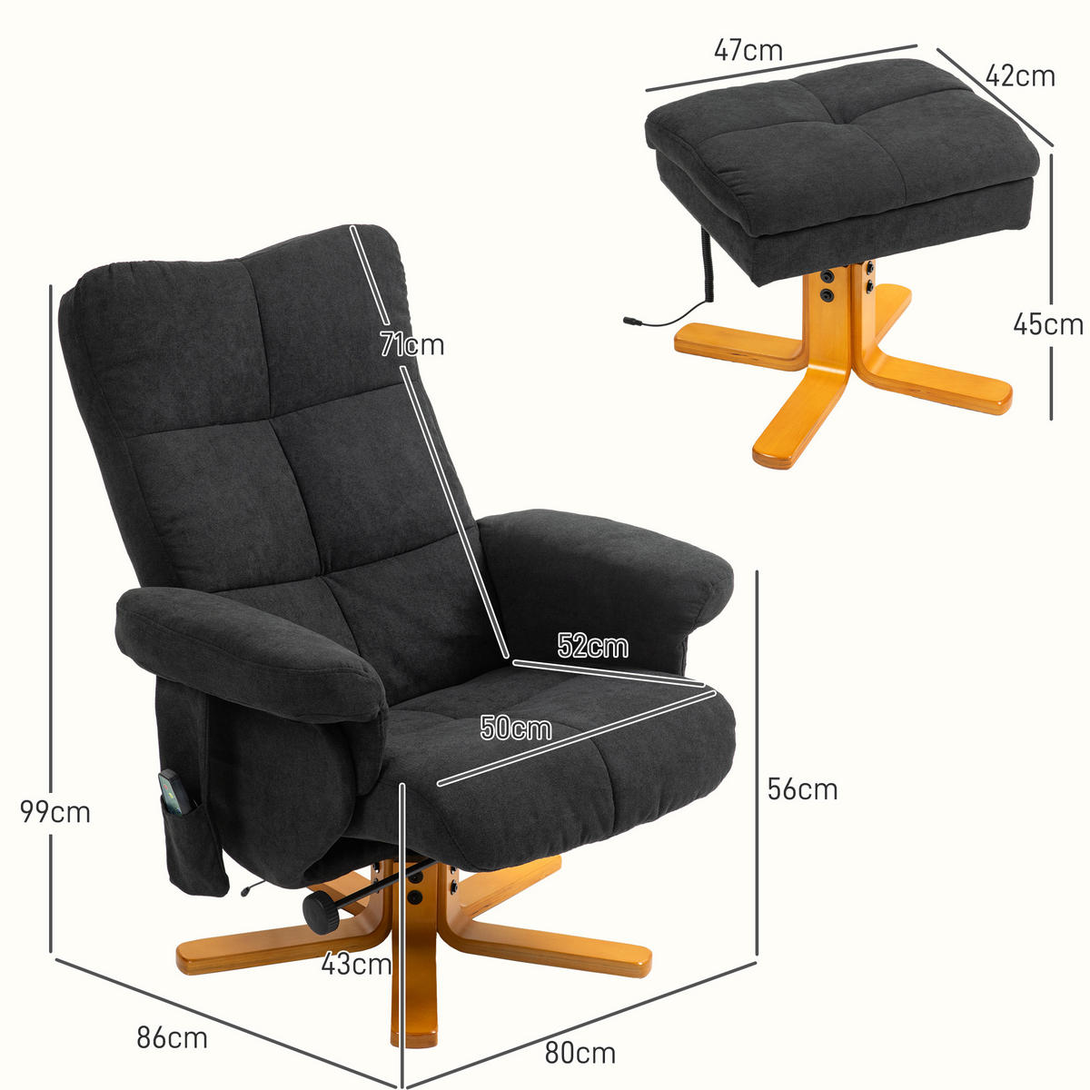 RELAXSESSEL mit Fußhocker, Stauraum, Massagesessel mit Liegefunktion Schwarz - Schwarz, Holz/Textil (86/99/80cm) - HOMCOM