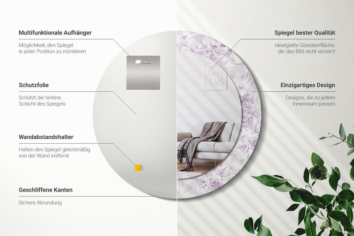 SPIEGEL Rund Ø 60 cm mit Aufdruck - Violett, Glas (60/60/0.4cm) - Wallfluent