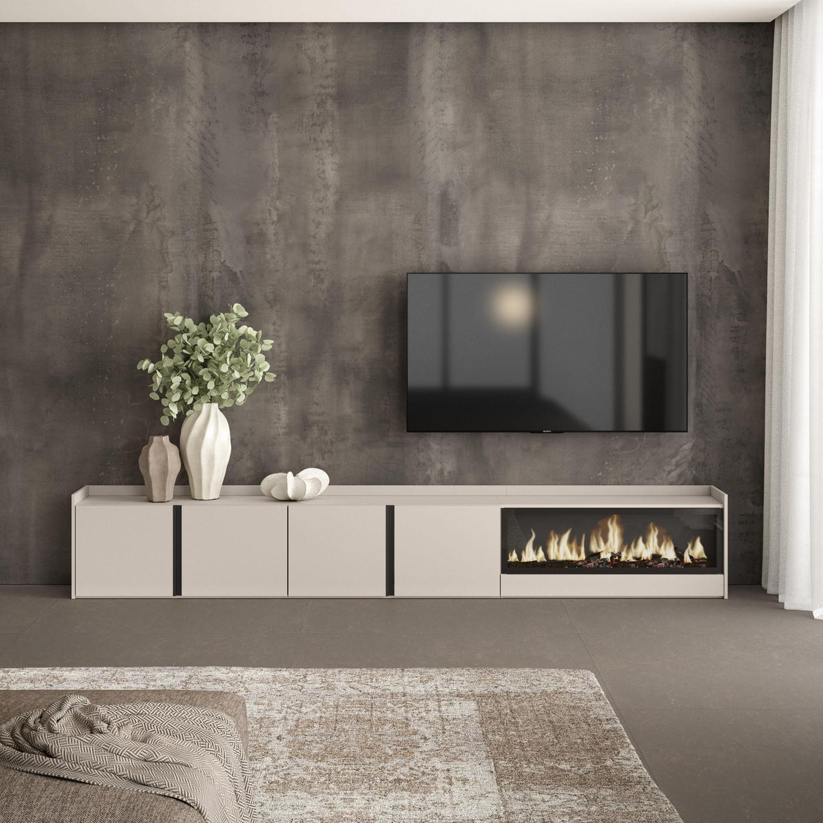 LOWBOARD, Beige, 315/35/50cm, Kamin mit Feuereffekt XXL - Beige, Holzwerkstoff (315/50/35cm) - Skraut Home