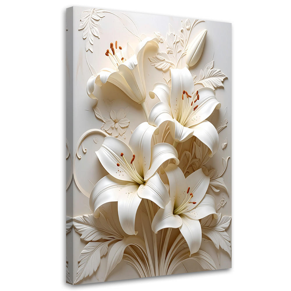 LEINWANDBILDER, Weiße Lilien in einem eleganten 3D-Blumenarrangement - Weiß, Textil (70/100cm) - Feeby