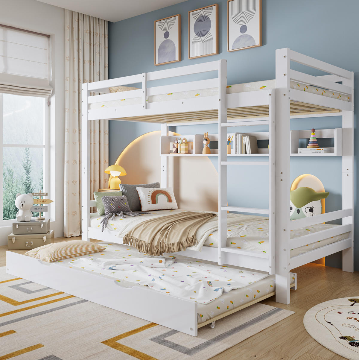 ETAGENBETT aus Kiefer & MDF 90x200 cm in Weiß mit Ausziehbett & Regalen - Weiß, Holzwerkstoff (90/200cm) - Modfu