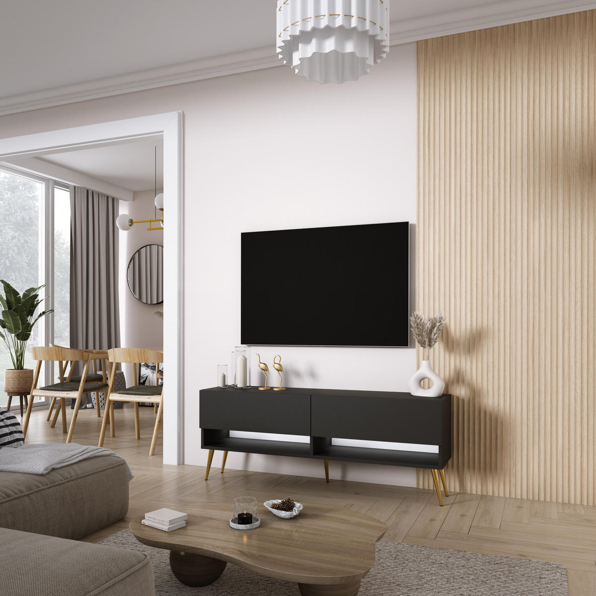 TV-LOWBOARD 140 cm Mattschwarz, goldene schräge Beine, weiße LED, 140 × 32 × 52 cm - Schwarz, Holzwerkstoff (140/52/32cm) - 3XE LIVING