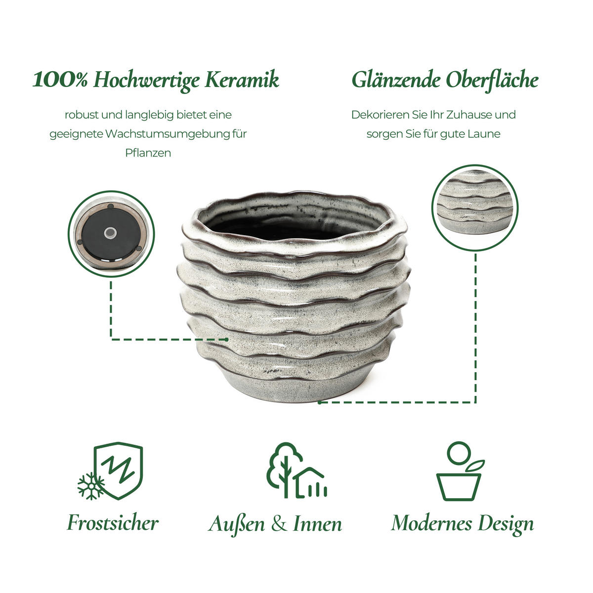 KERAMIK-BLUMENTOPF cremeweiß, Ø 24 × H 18 cm - Weiß, Keramik (18cm)
