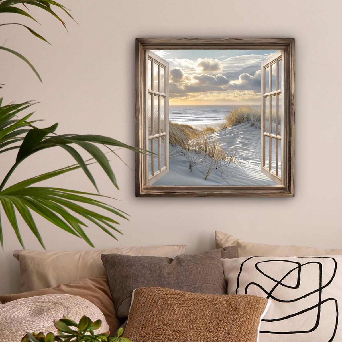 LEINWANDBILD Ausblick - Strand - Dünen - Meer - Natur Wandbild Wohnzimmer 50x50 cm - Sandfarben, Textil (50/50cm) - MuchoWow
