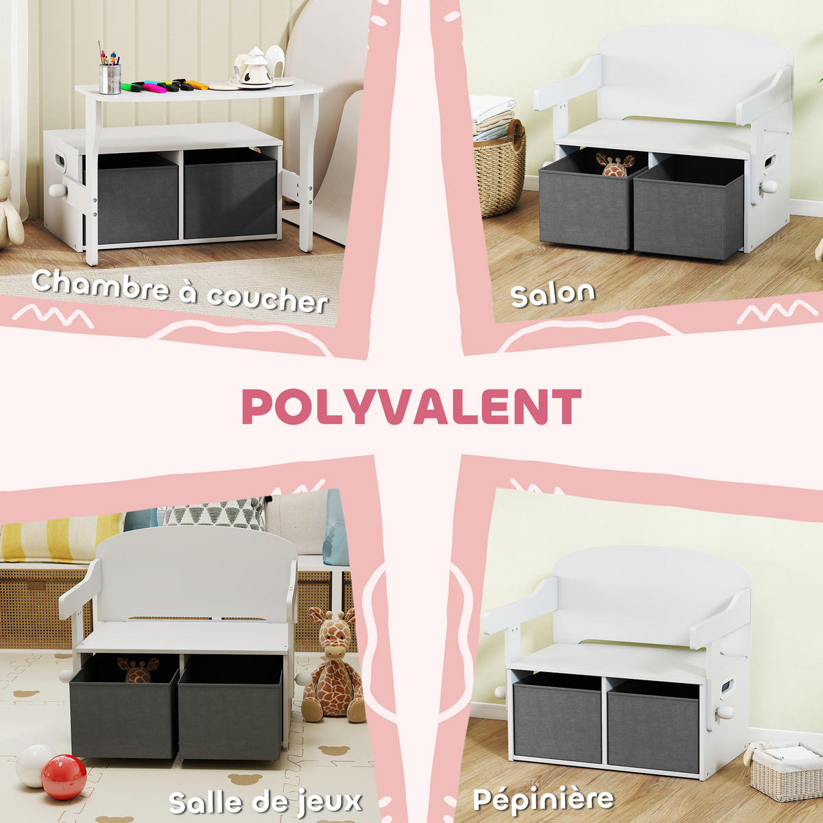 SPIELZEUGTRUHE DE-17273 3-in-1 mit Tisch, Stühlen & Stoffboxen Weiß - Weiß, Metall (46.5/67.6cm) - ComfortXL