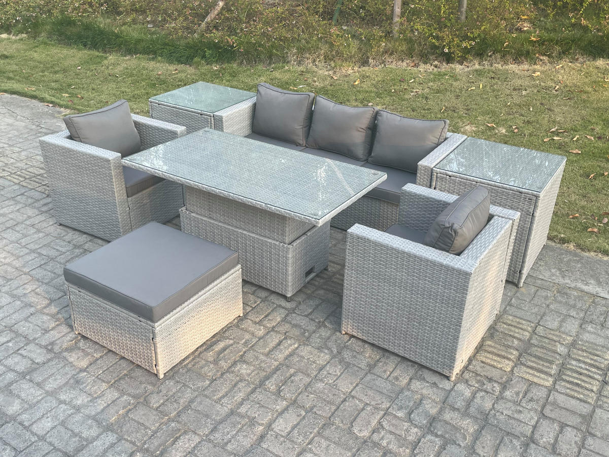 GARTENMÖBEL SET mit höhenverstellbarer Tisch Polyrattan Helles Grau 7-teilige - Hellgrau, Metall - Fimous