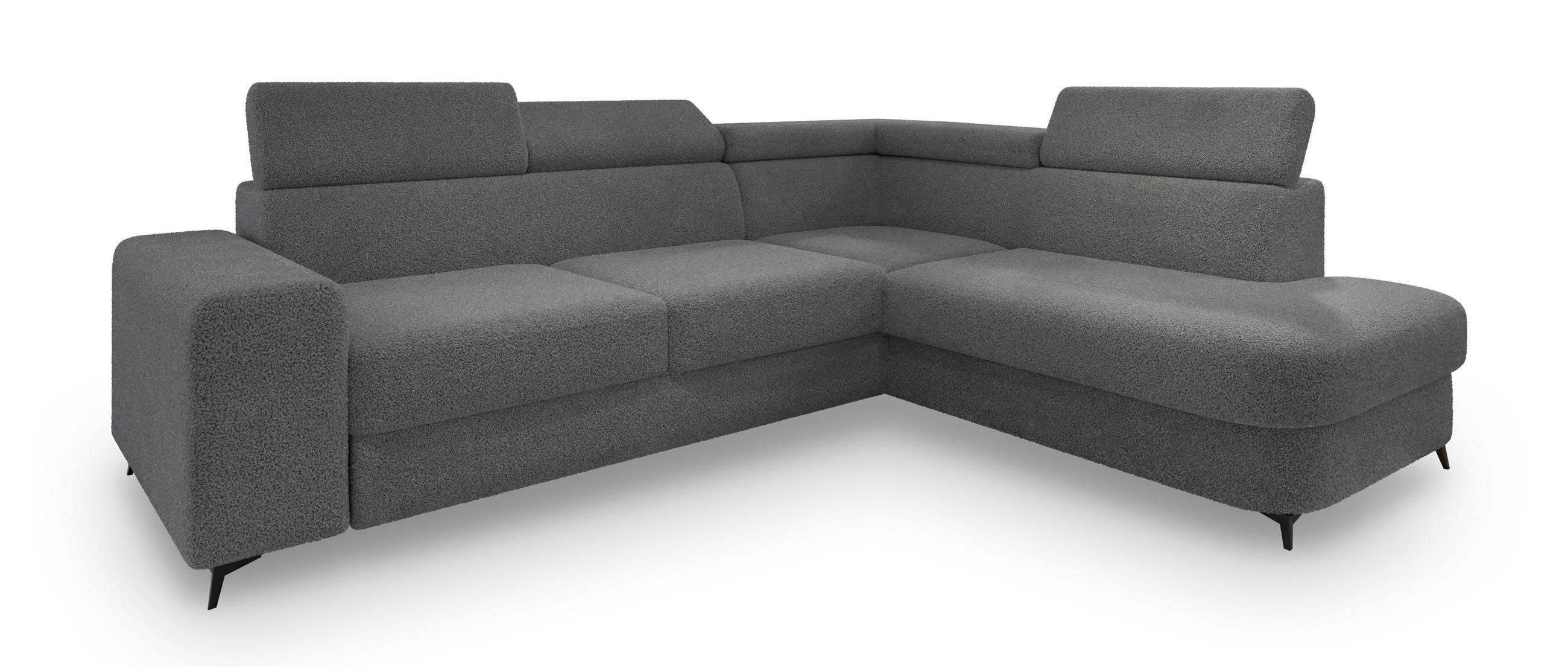 ECKSOFA ALVORO R-S Grau Boucle-Stoff mit Schlaffunktion - Grau, Holz (253/190cm) - MASSENO