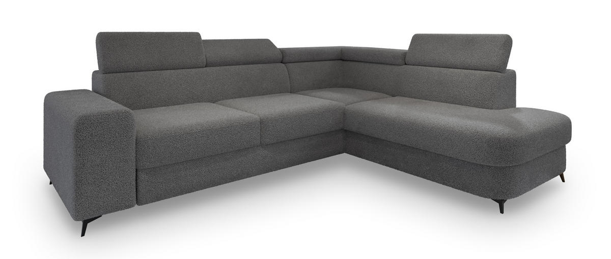 ECKSOFA ALVORO R-S Grau Boucle-Stoff mit Schlaffunktion - Grau, Holz (253/190cm) - MASSENO