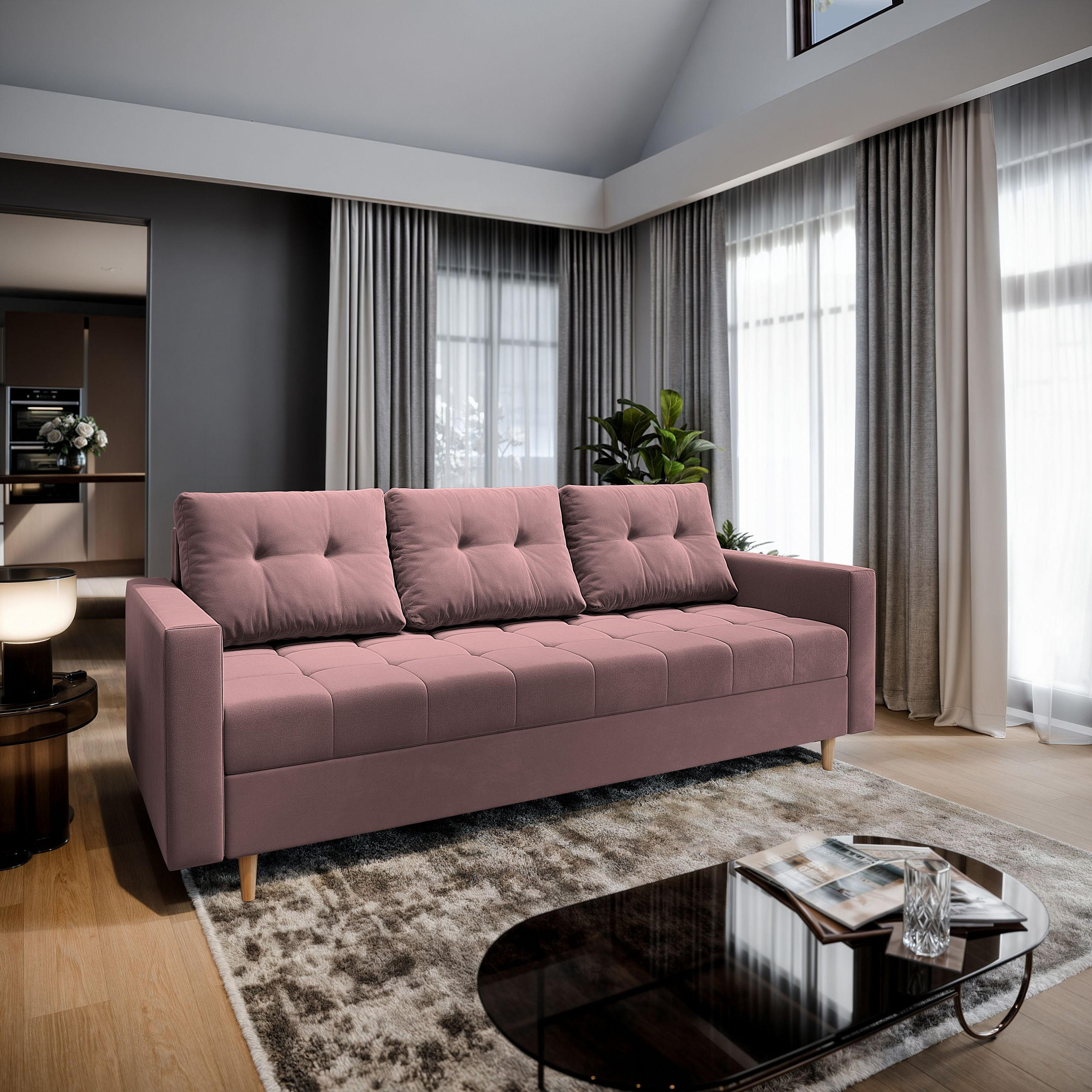 BETTSOFA MILO Rosa Plüsch-Stoff mit Schlaffunktion - Rosa, Textil (220/93/87cm) - MASSENO