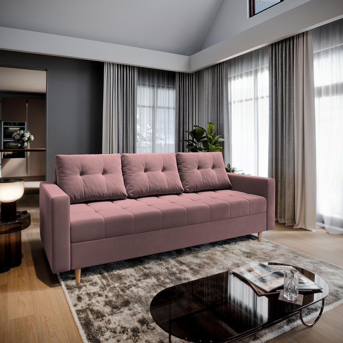 BETTSOFA MILO Rosa Plüsch-Stoff mit Schlaffunktion - Rosa, Textil (220/93/87cm) - MASSENO