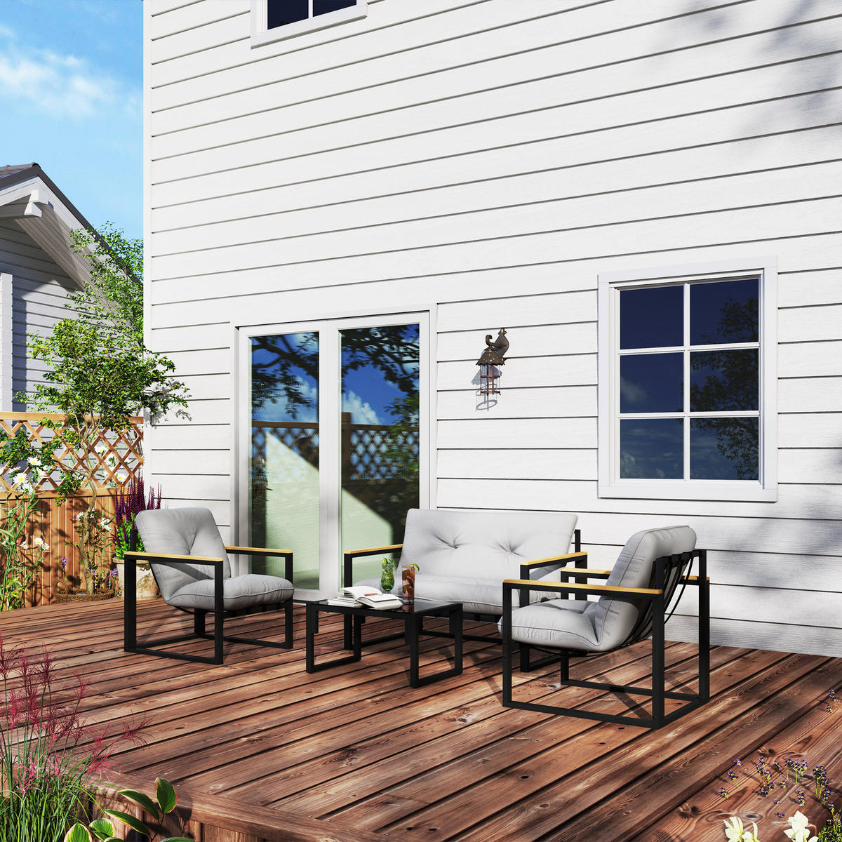 GARTENLOUNGE-SET 4-teilig DE-13425 2 Sessel + Sofa mit Tisch Grau - Hellgrau, Metall - ComfortXL