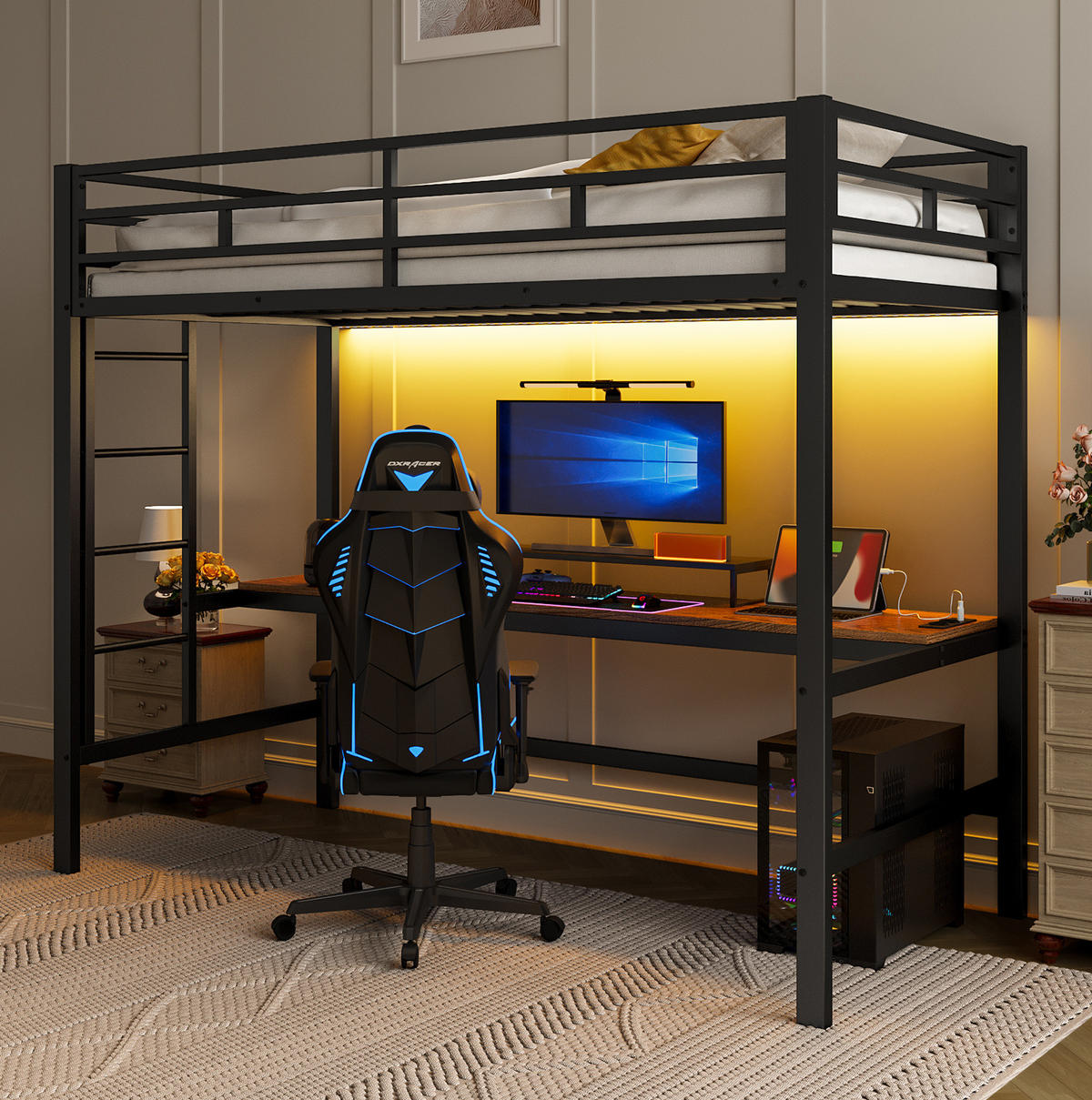 HOCHBETT 90/200 cm mit Schreibtisch, LED-Lichtleiste, USB, Steckdose und Typ-C, Metall, Schwarz - Schwarz, Metall (90/200cm) - Redom