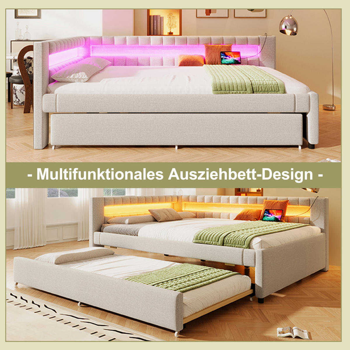 POLSTERBETT 140/200 cm Beige mit Ausziehbett mit LED-Beleuchtung mit USB- und Type-C-Anschlüssen - Beige, Textil (140/200cm) - OKWISH