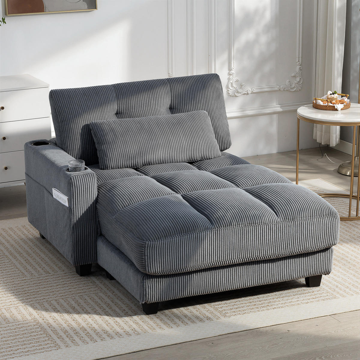 CHAISELONGUE 2 Sitzer Schlafsofa 114 x 147 cm mit Becherhalter Dunkelgrau - Dunkelgrau/Schwarz, Kunststoff/Textil (114/86/147cm) - HOMCOM