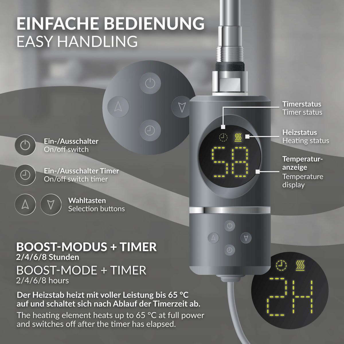 BADHEIZKÖRPER elektrisch Sahara 500x1200 mm Anthrazit gerade mit Heizstab 1200W Digital - Anthrazit, Metall (50/120/3cm) - LuxeBath