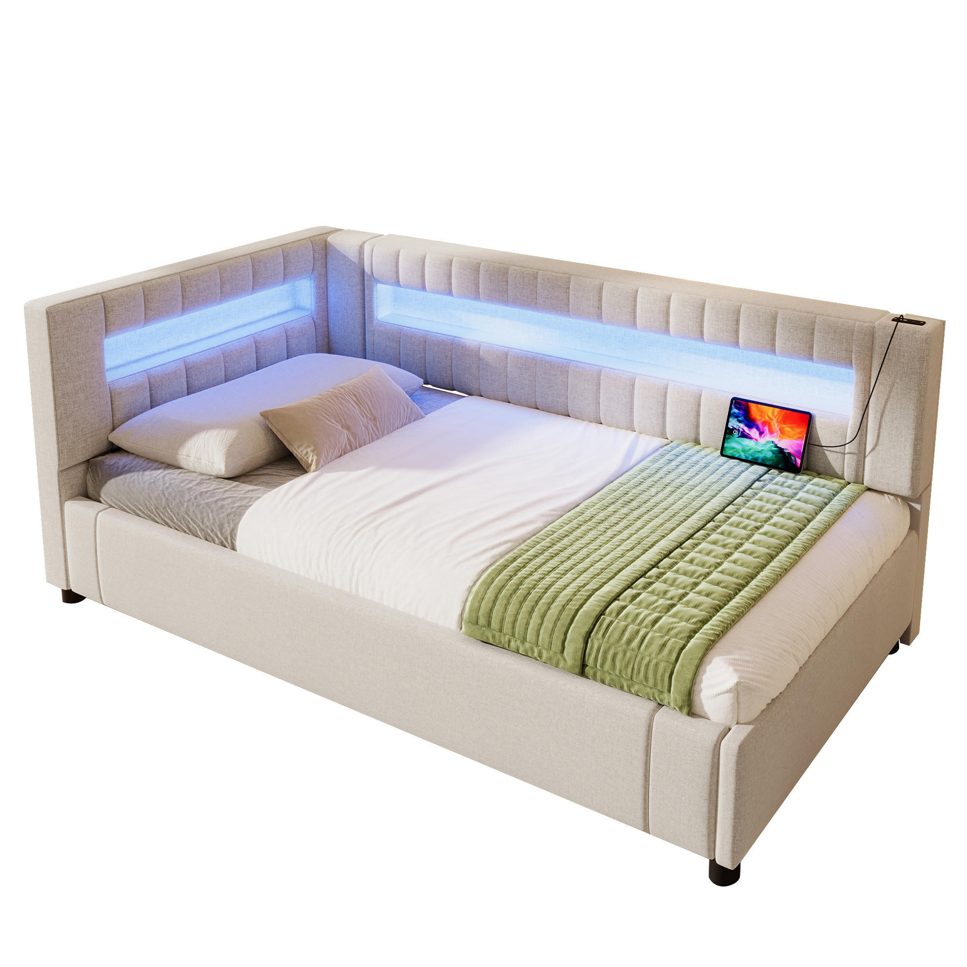 OKWISH DENNÍ postel 90/200 cm béžová z lnu a MDF s LED osvětlením a hydraulickým úložným prostorem