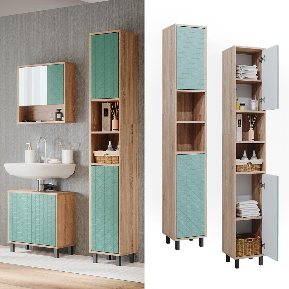 BADSCHRANK Agasta Mintgrün 30 x 190.3 cm - Mintgrün/Sonoma Eiche, Holzwerkstoff (30/190.3/28cm) - Vicco