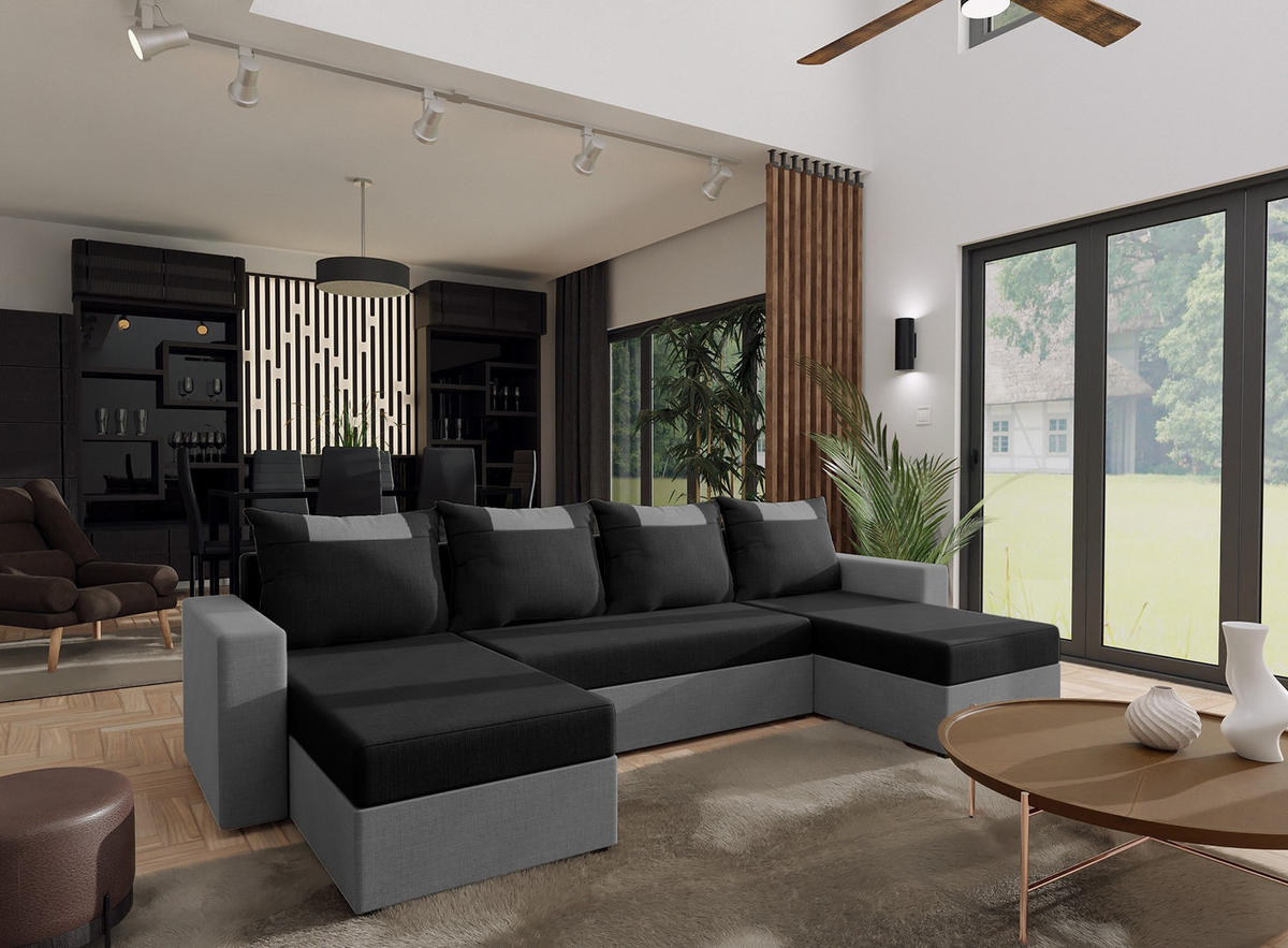 WOHNLANDSCHAFT mit Schlaffunktion Radlach, Schwarz+Grau - Grau, Textil (298/85/207cm) - Fedve