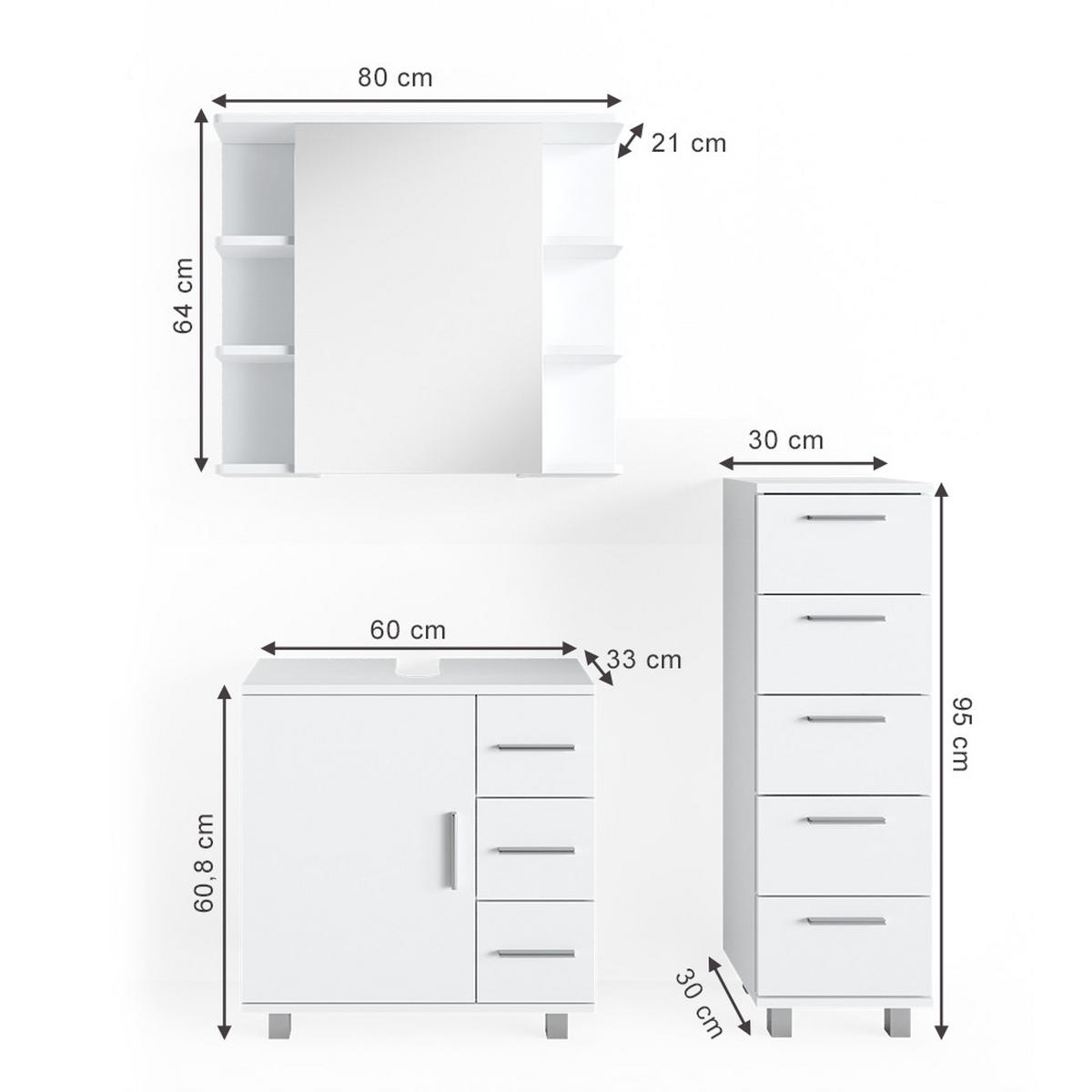 BADMÖBEL-SET Ilias Weiß 3 Teile, mit Midischrank - Weiß, Holzwerkstoff (60/60.8/33cm) - Vicco