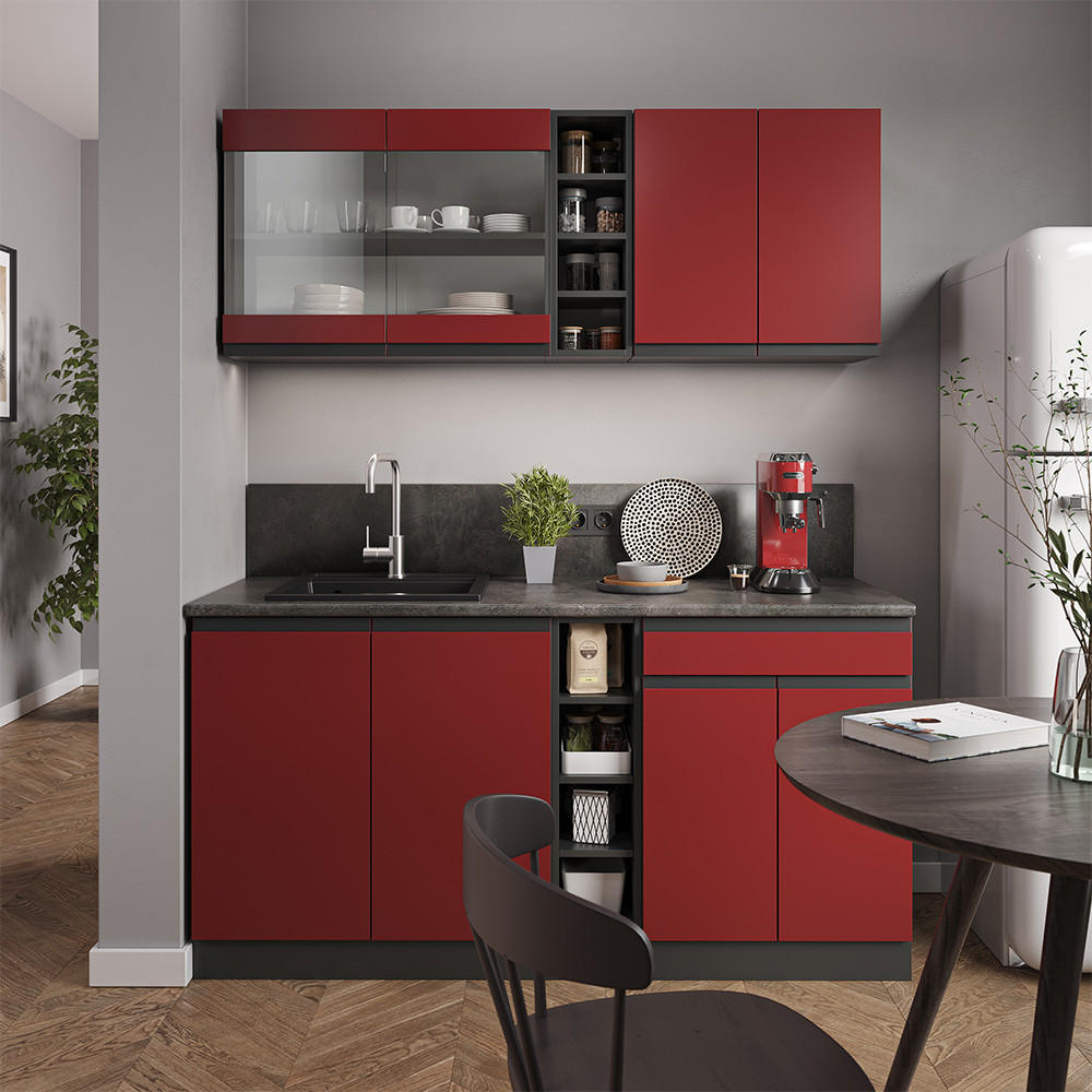 SINGLEKÜCHE R-Line Rot/Anthrazit 160 cm J-Shape - Rotbraun/Anthrazit, Holzwerkstoff (160/81.6/46cm) - Vicco