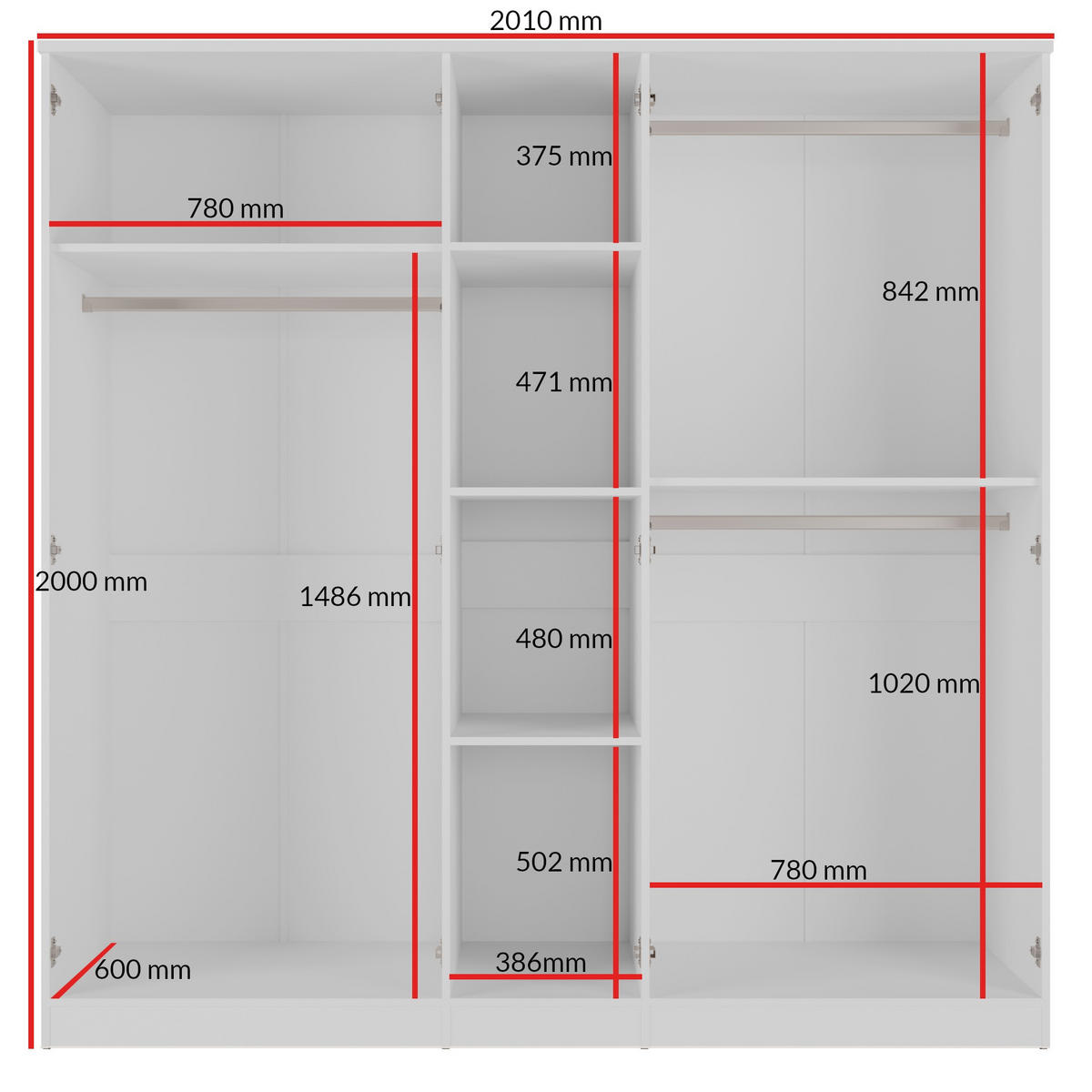DREHTÜRENSCHRANK mit Spiegel Monza 5D 200 Weiß - Weiß/Grau, Holzwerkstoff/Metall (200/200/60cm) - mzm24