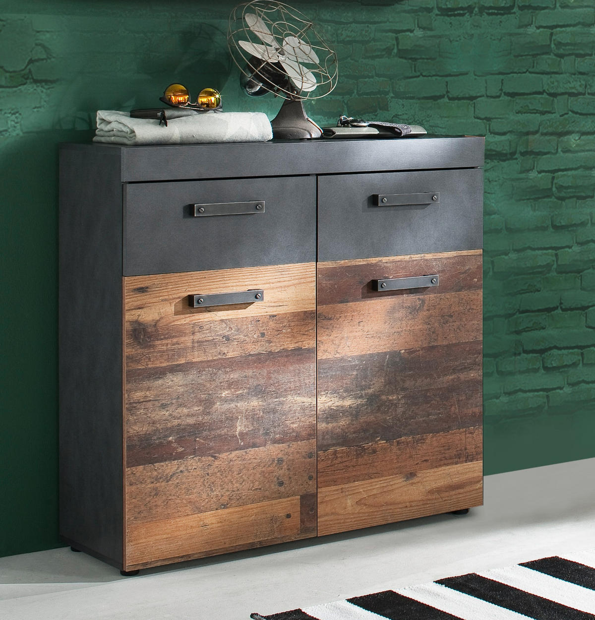 SCHUHSCHRANK Used Wood Vintage mit grau, Flurkommode 90 x 89 cm - Silberfarben/Schwarz, Holzwerkstoff/Kunststoff (90/89/34cm) - Top.Furn