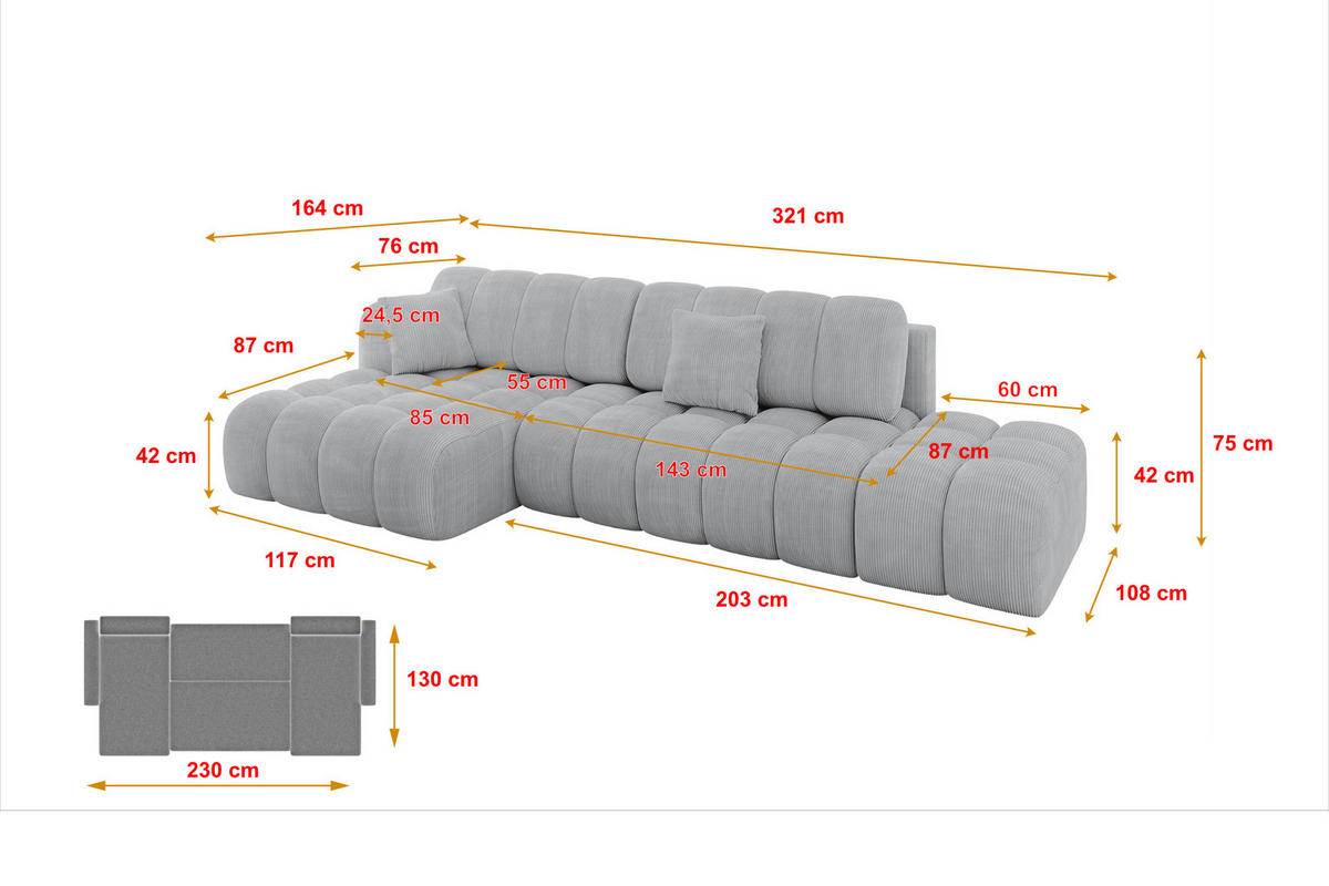 ECKSOFA mit Schlaffunktion Ottomane Links OLEA-L2 321x164x75 Grau Cord - Chromfarben/Schwarz, Holzwerkstoff/Kunststoff (321/164cm) - ALTDECOR