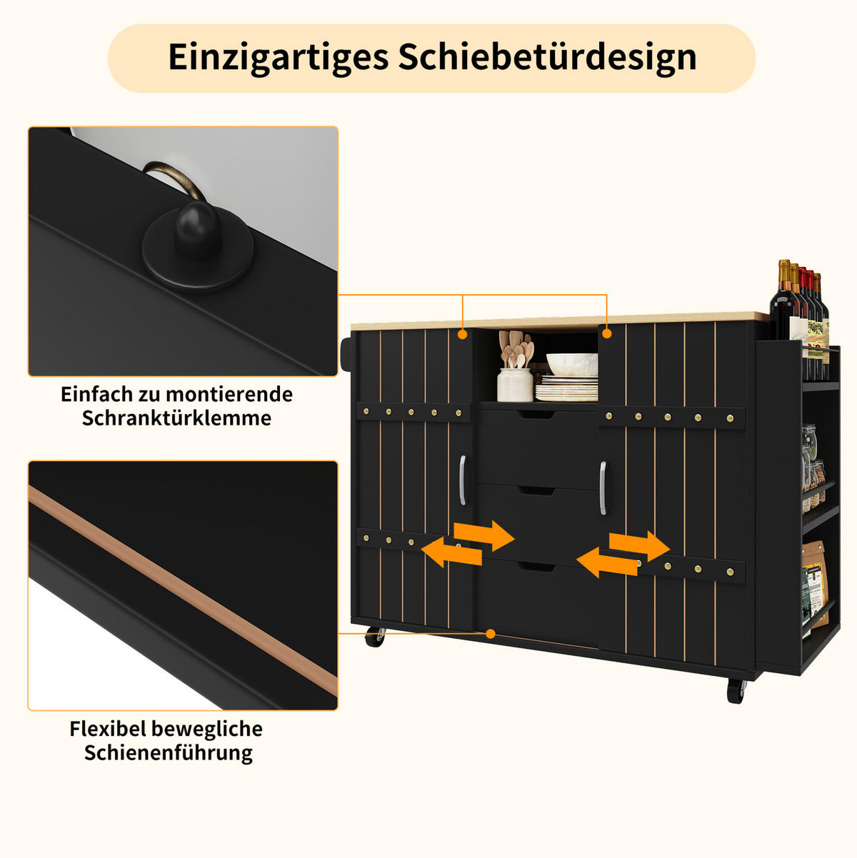KÜCHENINSEL mit Klapptisch 110 x 42 x 90 cm MDF Schwarz - Schwarz, Holz (42/90/110cm) - Beauniv
