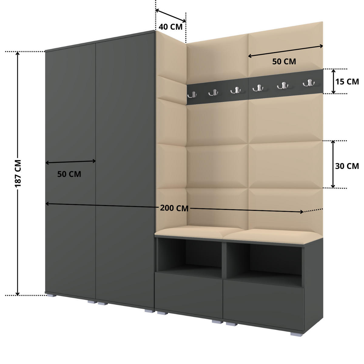GARDEROBE NELA VI 200 cm (Kompaktgarderobe Graphit mit Sitzpolster Beige 04 Schrank & Paneel) - Beige/Silberfarben, Holz/Holzwerkstoff (200/187/40cm) - Ravio