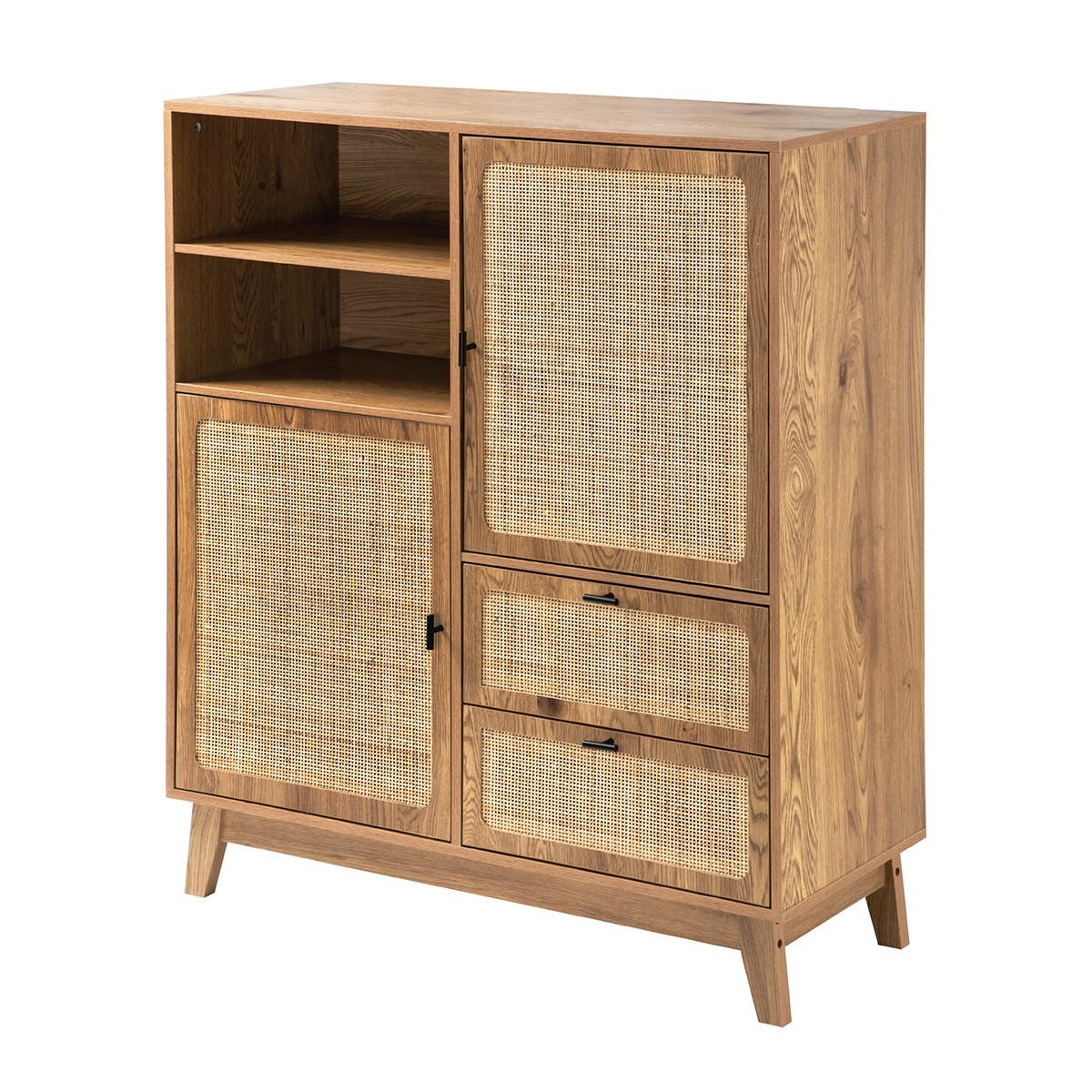 HOHES ANRICHTE 2 Türen 2 Schubladen mit Rattan-Fronten 40/120/100 cm - Apfelbaumfarben, Holzwerkstoff (40/120/100cm) - Calicosy