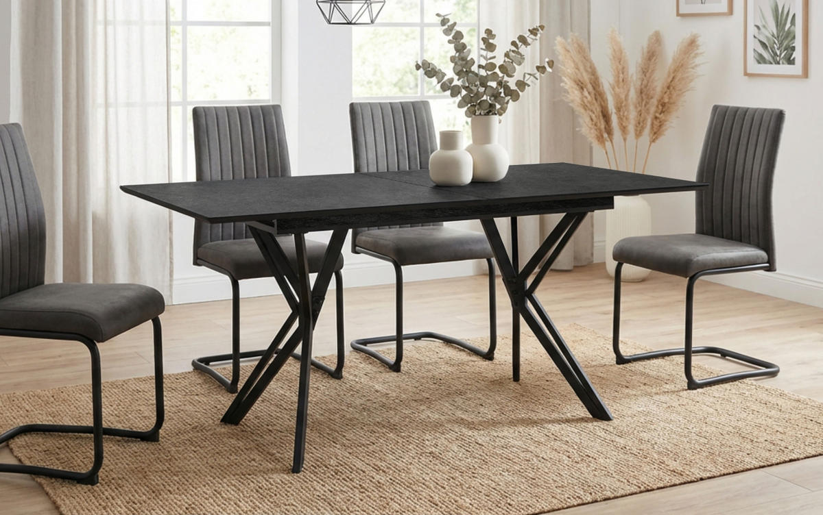 ESSTISCH Stein grau dunkel 160/200 cm, Küchentisch ausziehbar - Dunkelgrau/Schwarz, Holzwerkstoff/Metall (90/160/74cm) - Furn.Design