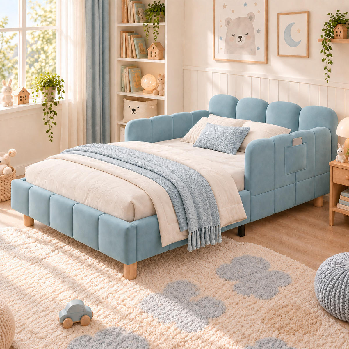 POLSTERBETT 90x200cm, Blau, Samt, Rausfallschutz - Blau, Textil (90/200cm) - FLIEKS