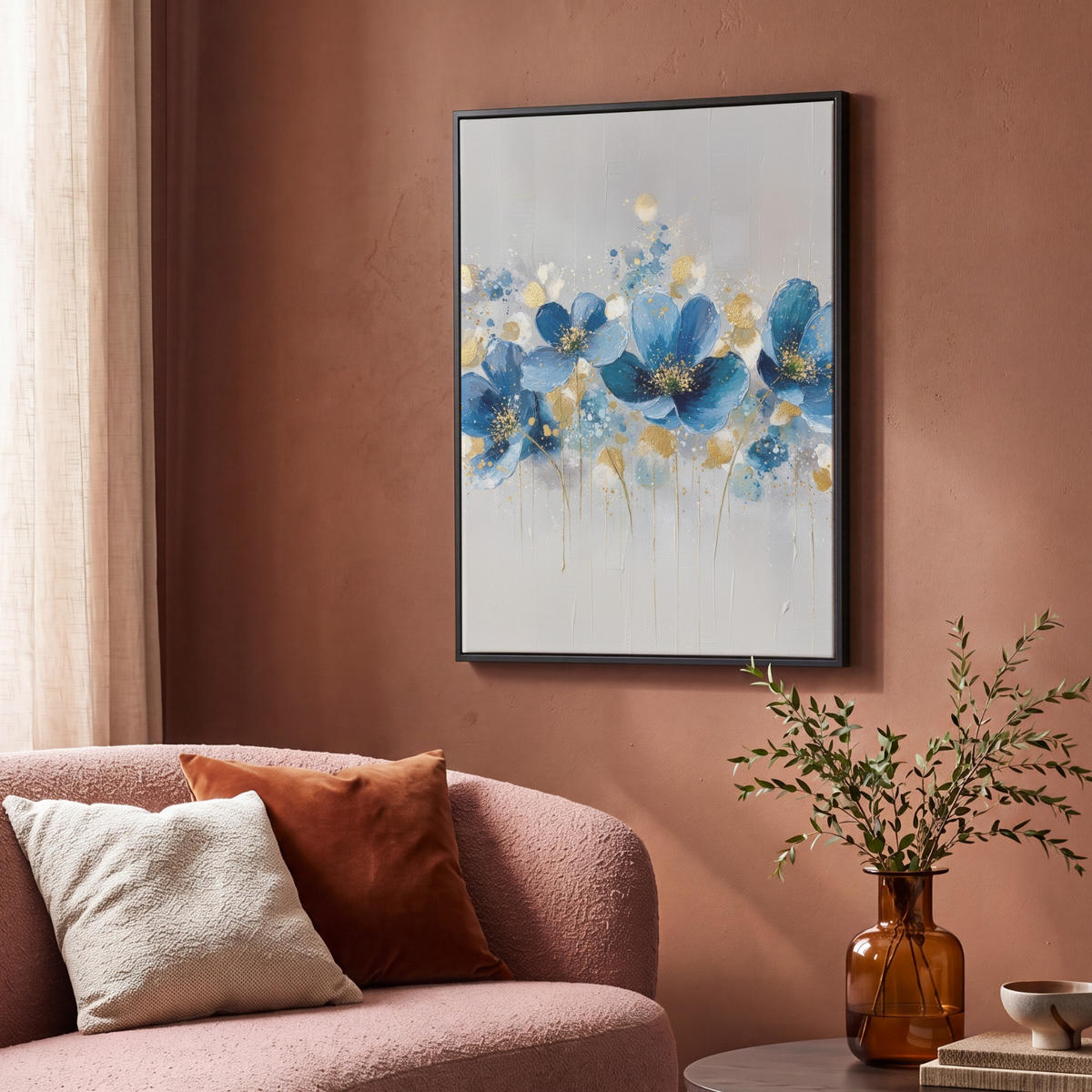 LEINWAND Bilder mit Rahmen - Blumen - Blau - Abstrakt - 70x100 - Hellgrau, Textil (70/100cm) - MuchoWow
