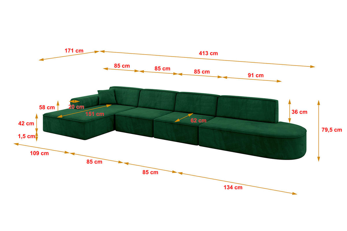 ECKSOFA Ottomane Links IREA-L3-v3 - 413x171x79 cm Grün - Grün, Holzwerkstoff/Textil (413/171cm) - ALTDECOR