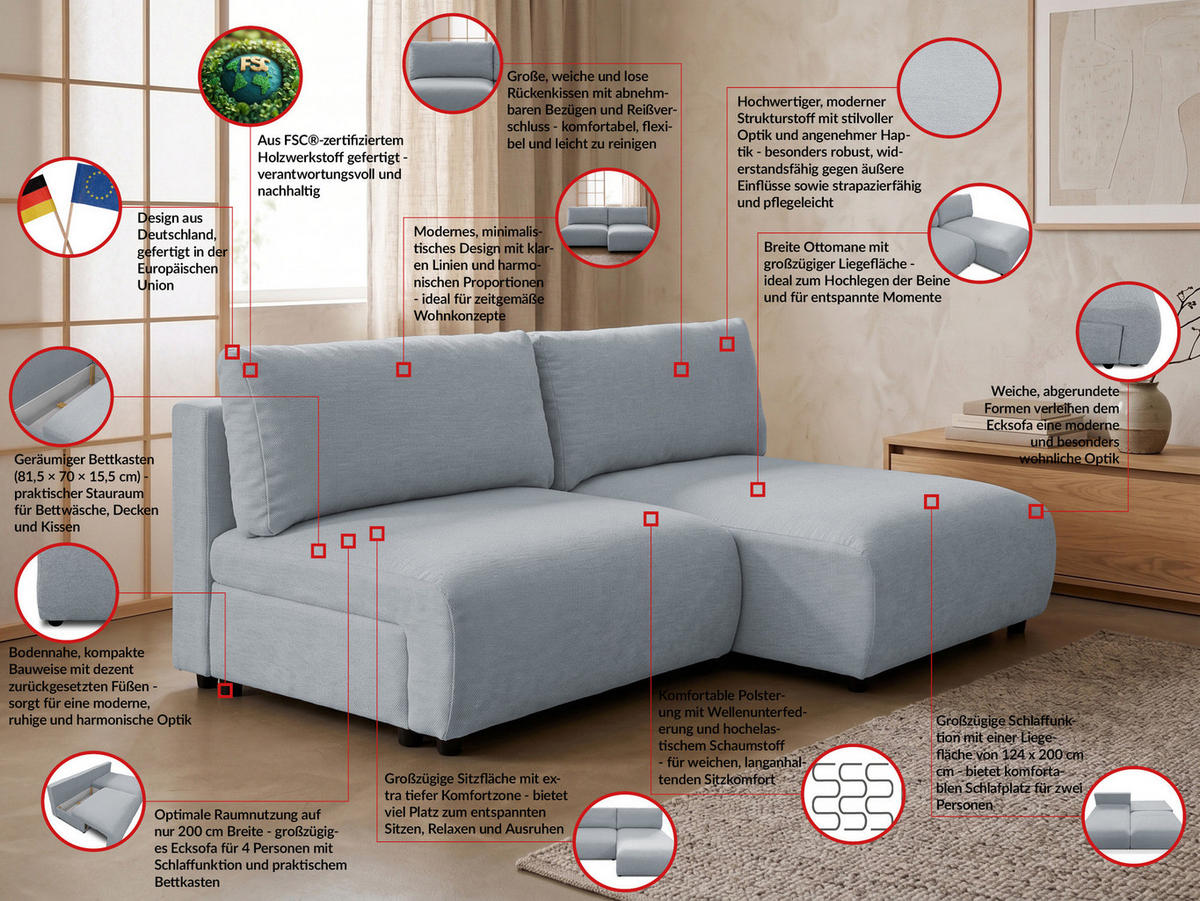 ECKSOFA Sora mit Schlaffunktion, Bettkasten und extra tiefer Komfortzone aus hochwertigem Grau Strukturstoff - Schwarz/Grau, Holz/Kunststoff (200/140cm) - S-Style