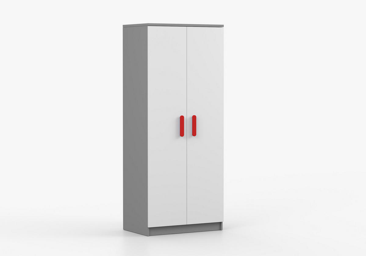 JUGENDZIMMER Elora in Grau und Weiß – 4-teiliges Set mit Schreibtisch, Kommode, Wandregal und Schrank – Grifffarbe Rot - Grau, Holzwerkstoff (80/200/120cm)