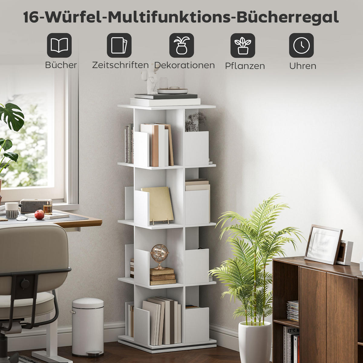 BÜCHERREGAL Drehbares Standregal mit 4 Ebenen, 16 Fächer, 39x39x128,3cm, Weiß - Weiß, Holzwerkstoff (39/128.3/39cm) - HOMCOM