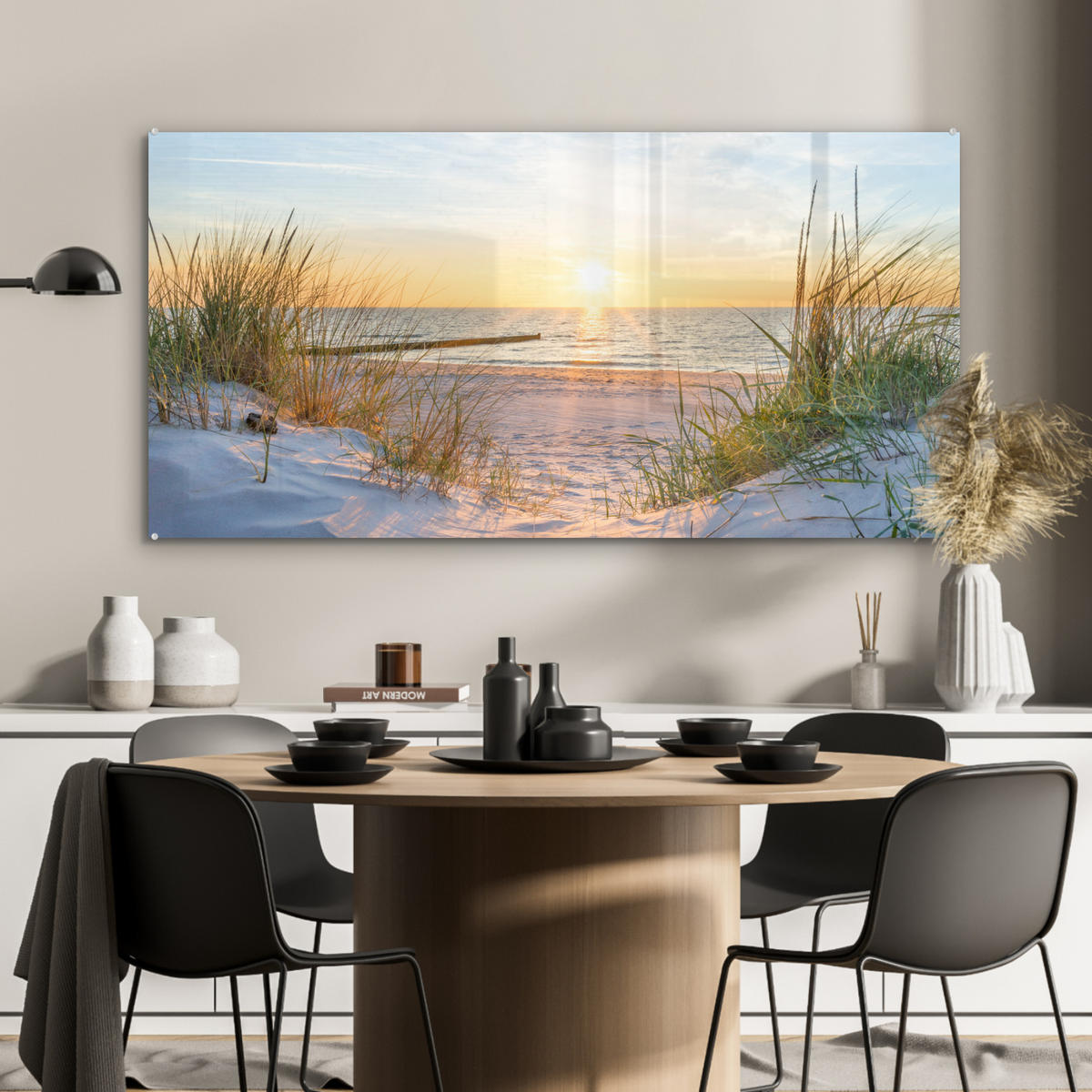 OBRAZ NA AKRYLOVOM SKLE Pláž - Slnko - Duny - Tráva - Piesok - Horizont 120x60 cm - svetlomodrá, sklo (120/60cm) - MuchoWow