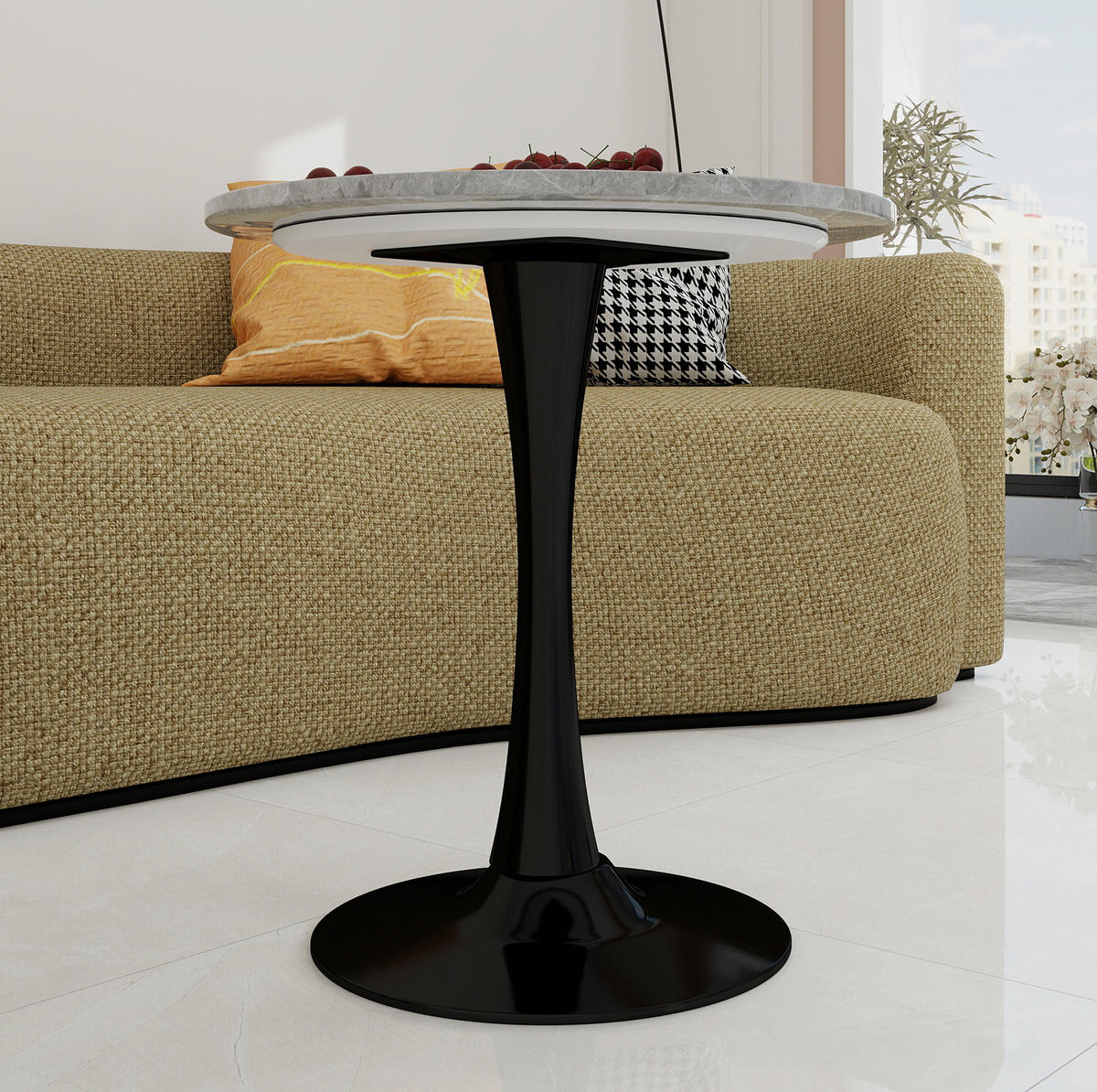 COUCHTISCH 70 cm in Schwarz/Grau aus Kunstmarmor–rund und vielseitig - Grau, Stein (70/70/72cm) - Flora Grace