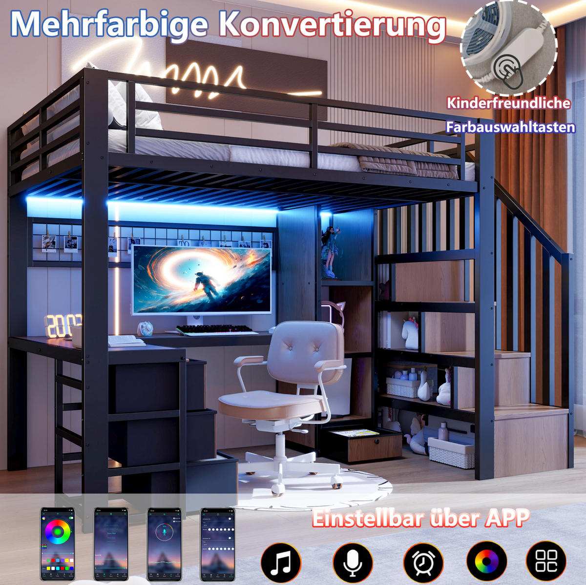 HOCHBETT 90/200 cm mit Schreibtisch, LED-Beleuchtung, 4 Schubladen und Stauraumtreppe aus Metall/MDF, Schwarz - Schwarz, Metall (90/200cm) - Redom