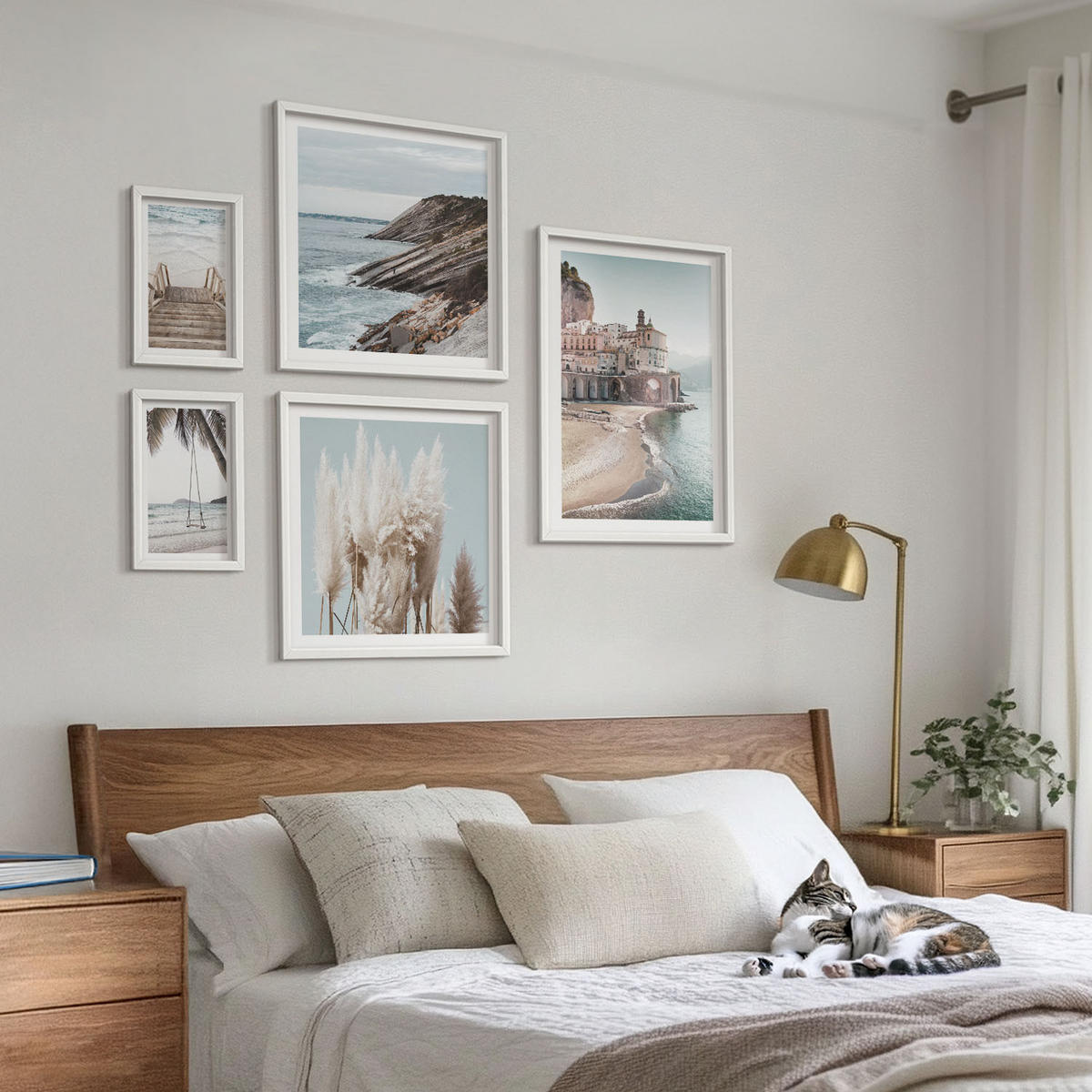 WANDBILDER 5er-Set - 50x50 cm & 20x30 cm & 40x60 cm Weißer Rahmen - Abstrakte Muster beige weiß - Weiß, Kunststoff (40/60cm) - ArtPrintCave