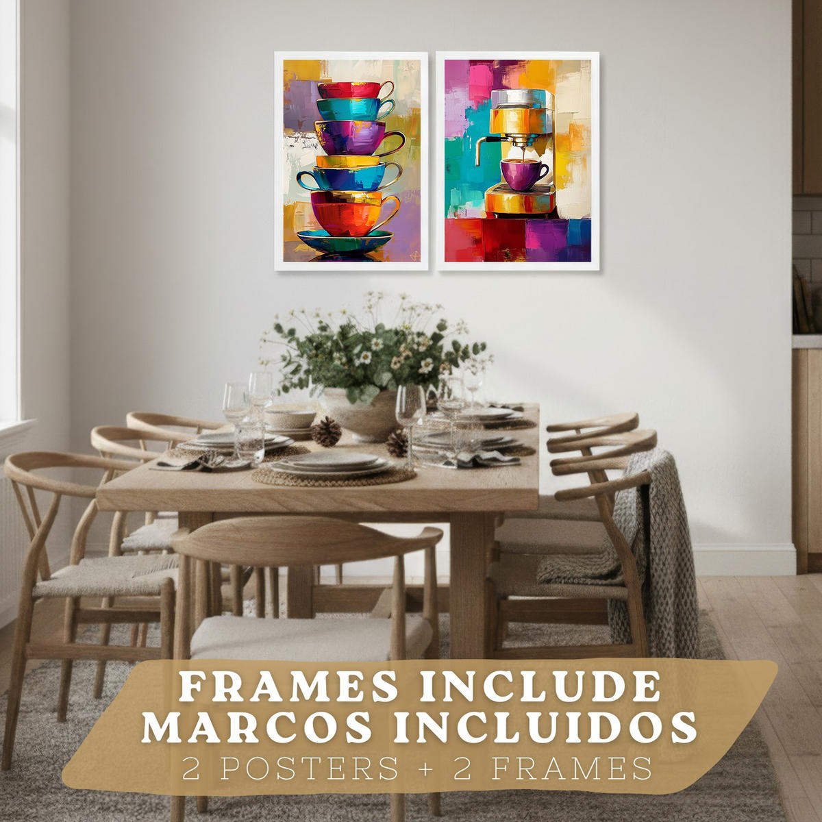 POSTER 2er Set Küchen-Wandbilder Kaffeetassen und Espressomaschine Pop Art Bunt Esszimmer Wanddeko Rahmenlos A4 - Weiß, Papier (29.7/1/21cm) - Nacnic